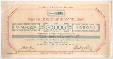 Eger 1923. "Értékesítő Részvénytársaság" részvénye 50.000K-ról szárazpecséttel, szelvények...