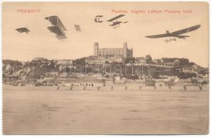 Pozsony, Pressburg, Bratislava; vár, Paulhan, Vagner, Latham repülőgépei Pozsony felett / castle, Montage with airplanes over Bratislava (EK)