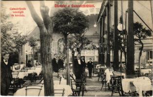 1910 Budapest II. Császárfürdői vendéglő és kávéház, kert pincérekkel (EK)