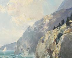 Christian Klaiber (1892-1963): Vízparti táj vitorlással. Olaj, vászon, jelezve jobbra lent. Apró sér...