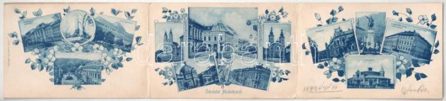 1899 (Vorläufer) Miskolc, 3-részes kihajtható képeslap. Kereskedelmi és Iparkamara, Szemere Bertalan nyugvóhelye, Református főgimnázium, Erzsébet tér, Kossuth szobor, Mindszenti római katolikus templom, Erzsébet fürdő, Szemere utca, Minoriták temploma, Széchenyi utca, gyógyszertár, Városház tér, Közvágóhíd, Magyar Államvasutak üzletvezetősége. Lövy József fia kiadása. Art Nouveau, floral (hajtásnál szakadt / torn at fold)