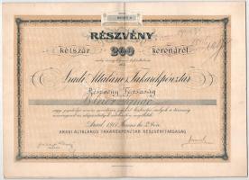 Arad 1911. "Aradi Általános Takarékpénztár Részvénytársaság" részvénye 200K-ról bélyegzéssel T:F