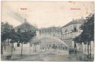 1908 Sopron, Újteleki utca, üzletek, locsolókocsi. Blum Náthán kiadása (fl)