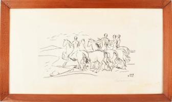 Borsos Miklós (1906-1990): Lovasok. Hidegtű, papír, jelzett, üvegezett fakeretben, foltos, 16x30 cm