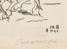 Borsos Miklós (1906-1990): Lovasok. Hidegtű, papír, jelzett, üvegezett fakeretben, foltos, 16x30 cm