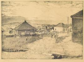 Dudás Jenő (1900-1991): Tihany. Rézkarc, papír, jelzett. Üvegezett, sérült fakeretben, lap széle kissé foltos, 25x34 cm