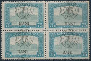 Kolozsvár 1919 Parlament 75f 4-es tömbben, a jobb felső bélyegen egyenes szárú N betű lemezhiba / Mi 38 I. block of 4 with plate variety. Signed: Bodor (ránc / crease)