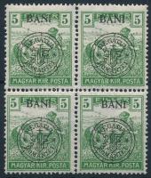 Kolozsvár 1919 Arató 5f 4-es tömbben, a jobb felső bélyegen egyenes szárú N betű lemezhiba / Mi 28 I. block of 4 with plate variety. Signed: Bodor