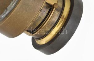 Antik objektív, tartóban, h: 11 cm