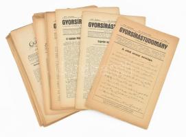 1939-1942 Gyorsírással kapcsolatos újságok, össz. 29 db: Gyorsírástudomány XX. évf. 1-9. számai; A Magyar Gyorsíró Szemle gyakorló melléklapja vegyes számai (egy szám hiányos); Az Írás XXXI. évf. 6. száma. Vegyes állapotban.