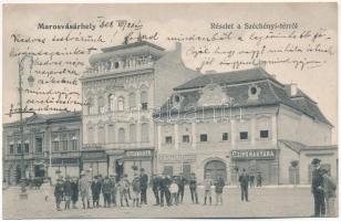 1908 Marosvásárhely, Targu Mures; Széchenyi tér, József Emil, Schwartz János, Hary Géza, Szalmásy Gyula, Dikai János Petrás utódai üzlete / square, shops