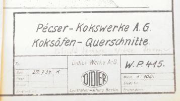 cca 1934 Nagy mappányi tervrajz és műszaki jegyzet, közte Pécsi Kokszművek Rt. kokszkemence- ill. sz...