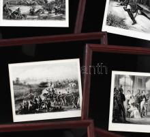 12 darab Napóleon témájú rézmetszet, klf méretben, üvegezett fakeretben, teljes méret 27x22 cm körül...