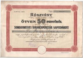 Kaposvár 1930. "Somogymegyei Takarékpénztár Kaposvárott" részvénye 50P-ről szárazpecséttel, szelvényekkel T:F ázásnyomok