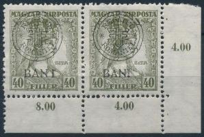 Kolozsvár 1919 Zita 40f ívsarki pár a bal oldali bélyegen &quot;BAN I&quot; tévnyomat, a jobb oldali törött kör lemezhiba / Mi 49 I. corner pair with plate variety. Signed: Bodor