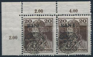 Kolozsvár 1919 Károly 20f ívsarki pár a jobb oldali bélyegen &quot;BAN I&quot; tévnyomat, a bal oldali törött kör lemezhiba / Mi 47 I. corner pair with plate variety. Signed: Bodor