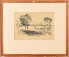 Csergezán Pál (1924-1996) Folyópart. Rézkarc, papír, jelzett, üvegezett fakeretben, kissé foltos, 19...