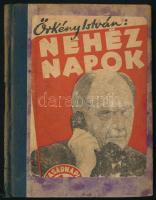 Örkény István: Nehéz napok. Regény. Vasárnapi regények. Bp., 1957, Hírlapkiadó, 63+1 p. Első kiadás. Átkötött félvászon-kötés, az eredeti illusztrált elülső borítót az elülső borítóra kasírozták, a füzet elvált a könyvtesttől, kopott borítóval és gerinccel.