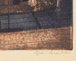 Nyári Lóránt (1928-1982): Halászbárkák. Színes rézkarc, papír, jelzett, üvegezett fakeretben, lap sz...