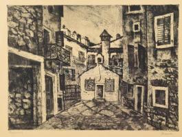 Imre István (1918-1983): Rovinj. Rézkarc, papír, jelzett, üvegezett keretben, lapszélei néhány kevés apró folttal, 29×39 cm / István Imre: Rovinj (Rovigno). Etching, paper, framed, very slightly stained on the edges of the sheet, 29×39 cm