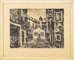 Imre István (1918-1983): Rovinj. Rézkarc, papír, jelzett, üvegezett keretben, lapszélei néhány kevés...