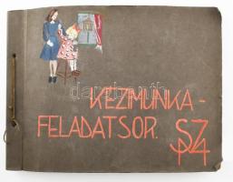 cca 1940-1950 Kézimunka feladatsor, rajzfüzet beragasztott munkákkal