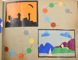 cca 1940-1950 Kézimunka feladatsor, rajzfüzet beragasztott munkákkal