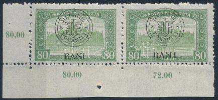 Kolozsvár 1919 Parlament 80f ívsarki pár a jobb oldali bélyegen &quot;BAN I&quot; tévnyomat / Mi 39 I. corner pair with plate variety. Signed: Bodor