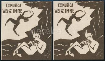 Tóbiás jelzéssel: Ex musica Weisz Imre, 2 db ex libris, táncoló meztelen női alakkal, zenélő pánnal, fametszet, papír, 10,5×9 cm