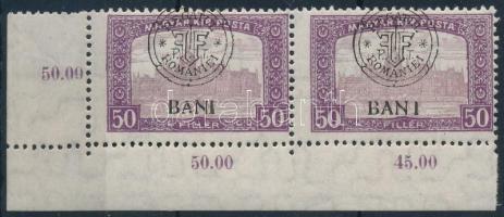 Kolozsvár 1919 Parlament 50f ívsarki pár a jobb oldali bélyegen &quot;BAN I&quot; tévnyomat / Mi 37 I. corner pair with plate variety. Signed: Bodor