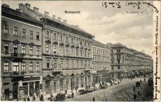 1907 Budapest VI. Andrássy út, Nagymező utca sarok, Török S. gyógyszertára, Csonka, Ulrich B. J. üzlete, Magyar Asphalt Részvénytársaság, Telefon-hírmondó, Café Francais kávéház