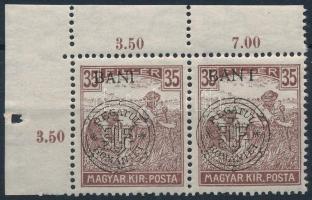 Kolozsvár 1919 Arató 35f ívsarki pár a jobb oldali bélyegen &quot;BAN I&quot; tévnyomat, a bal oldali bélyegen nyitott kör lemezhiba / Mi 35 I. corner pair with plate variety. Signed: Bodor