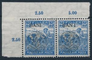 Kolozsvár 1919 Arató 25f ívsarki pár a jobb oldali bélyegen &quot;BAN I&quot; tévnyomat, a bal oldali bélyegen nyitott kör lemezhiba / Mi 34 I. corner pair with plate variety. Sidned: Bodor (bal oldali bélyegen betapadás / gum disturbnace)