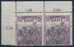 Kolozsvár 1919 Arató 15f ívsarki pár a jobb oldali bélyegen &quot;BAN I&quot; tévnyomat / Mi 32 I. corner pair with plate variety. Signed: Bodor