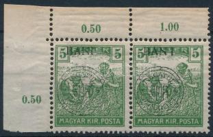 Kolozsvár 1919 Arató 5f ívsarki pár a jobb oldali bélyegen &quot;BAN I&quot; tévnyomat / Mi 28 I. corner pair with plate variety. Signed: Bodor