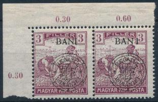 Kolozsvár 1919 Arató 3f ívsarki pár a jobb oldali bélyegen &quot;BAN I&quot; tévnyomat, a bal oldali bélyegen nyitott tör lemezhiba / Mi 27 I. corner pair with plate variety. Signed: Bodor