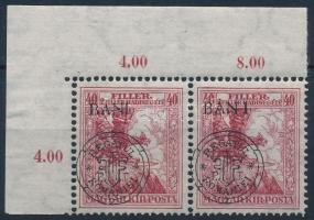 Kolozsvár 1919 Hadisegély 40f ívsarki pár a jobb oldali bélyegen &quot;BAN I&quot; tévnyomat, a bal oldali bélyegen nyitott kör lemezhiba / Mi 25 I. corner pair with plate variety. Signed: Bodor