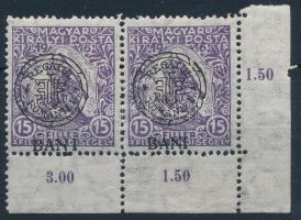 Kolozsvár 1919 Hadisegély 15f ívsarki pár a bal oldali bélyegen &quot;BAN I&quot; tévnyomat, a jobb oldali bélyegen nyitott kör lemezhiba / Mi 24 I. corner pair with plate variety. Signed: Bodor