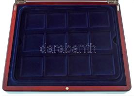 Mahagóni fa érmetartó kazetta bársonybéléssel, 12db 50x50mm férőhelyű kivehető tálcával, új állapotb...