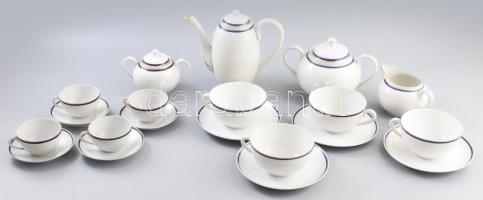 Zsolnay négy személyes porcelán teás és mokkás készlet. Arany kék festéssel, jelzett, kis kopással egy csésze, két alj, repedt