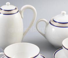 Zsolnay négy személyes porcelán teás és mokkás készlet. Arany kék festéssel, jelzett, kis kopással e...