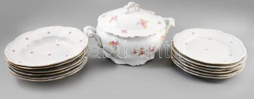Zsolnay hat személyes porcelán étkészlet. Hiányos: hat mély, hat lapos tányér, leveses tál Matricás, jelzett, kis kopással