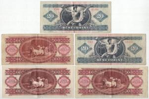 1980. 20Ft (2x) + 1984. 100Ft (3x) egyiken nyomdai papírráncok T:F,VG közte szép papír