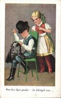 Magyar folklór, gyerek pár, varrás, Hungarian folklore, children couple, sewing