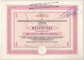 Újvidék 1942. "Kereskedelmi és Iparbank Részvénytársaság Újvidék" részvénye 100P-ről, szárazpecséttel, szelvényekkel, bélyegzésekkel T:XF / Hungary / Újvidék 1942. "Commerocial and Industrial Bank of Újvidék" share about 100 Pengő, with embossed stamp, coupons and overprints C:XF