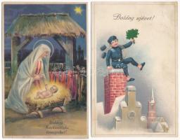 15 db RÉGI főleg újévi és karácsonyi üdvözlő képeslap vegyes minőségben, lithok / 15 pre-1945 mostly New Year and Christmas greeting postcards in mixed quality, lithos