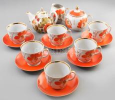 Orosz teás készlet. Pótolt kiöntővel, kézzel festett, jelzett, kopással.