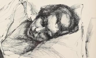 Károlyi András (1938-): Olvasó nő. Tus, papír, jelzett. Hátoldalán autográf felirattal. Üvegezett fa...