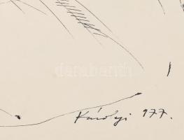 Károlyi András (1938-): Olvasó nő. Tus, papír, jelzett. Hátoldalán autográf felirattal. Üvegezett fa...