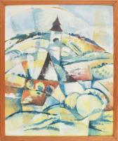 Rab-Kováts Éva (1943-): Baranyai falu, 1984. Olaj, farost, jelzett. Hátoldalán autográf felirattal. Fakeretben. 60x50 cm